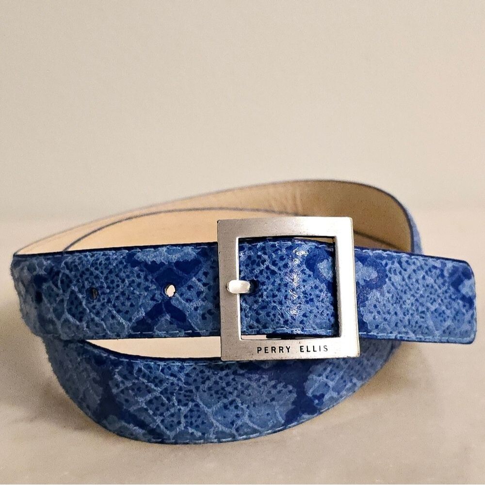 Perry Ellis Snakeskin embossed blue leather belt L